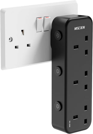 Mscien Plug Adapter, 3 Way Plug Extension Socket with Individually Switched, Multi Plug Adaptor Black Socket Extender, Wall Socket Extension for Home, Office, Dorm