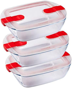 Pyrex 1451130 Cook & Heat-Set of Three 1.1L Rectangular Glass Food Microwave Airtight Lids-Storage Containers, Transparent/Green