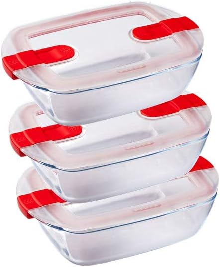 Pyrex 1451130 Cook & Heat-Set of Three 1.1L Rectangular Glass Food Microwave Airtight Lids-Storage Containers, Transparent/Green