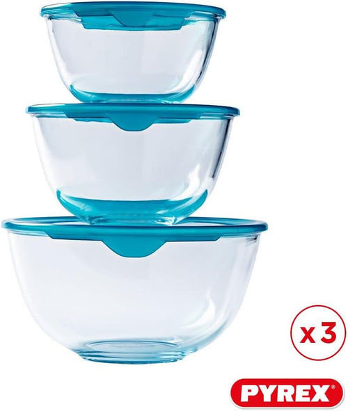 PyrexÂ® - Prep & Store - Set of 3 Heavy Duty Glass Bowls with Lids (0.5L - 1L - 2L) - BPA Free