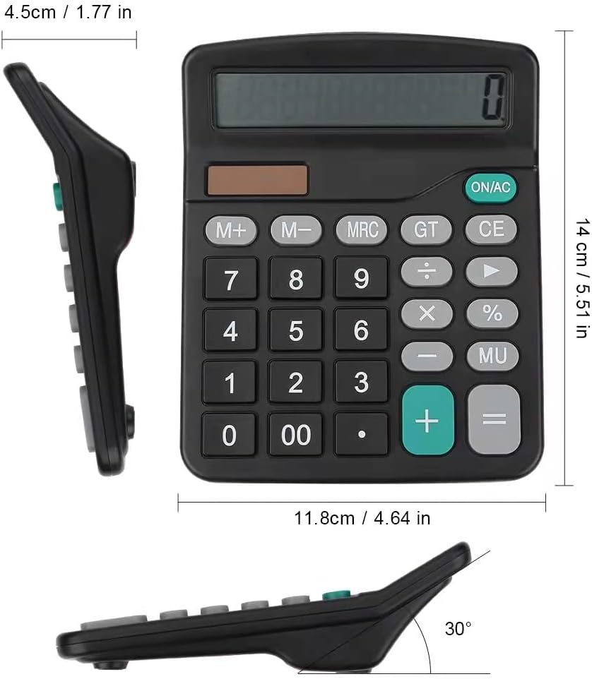 Desktop Calculators Solar & Battery Power 12 Digit Large LCD Display with Included AA Battery Power for Business Office School Home(classic black)