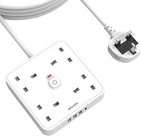 4M 4 Way Extension lead with USB Slots (3 USB-A, 1 USB-C), Mscien Extension Lead with Switches, White Wall Mountable Plug Extension Cord, Dorm, Home, Office