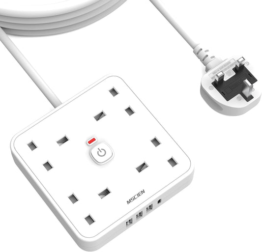 4M 4 Way Extension lead with USB Slots (3 USB-A, 1 USB-C), Mscien Extension Lead with Switches, White Wall Mountable Plug Extension Cord, Dorm, Home, Office