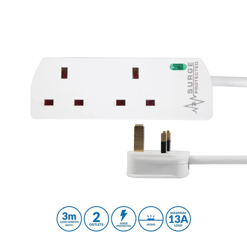 PRO ELEC PELB1949 2 Gang Surge Protected Extension Lead White, 3m