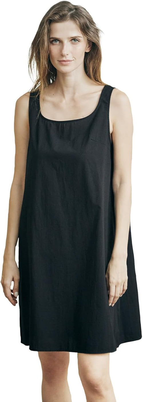 Women's Cotton Full Slip Wide Strap Tank Chemise 100% Washed Cotton Black M