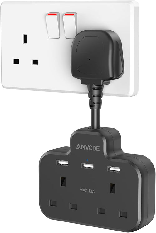Double Plug Adaptor with USB, 2 Way Wall Adapter with Short Extension Lead, Multi Plug Socket Extender For Home Office (Black)