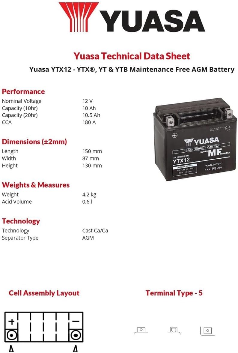 Yuasa Motorcycle Battery YTX12 12V 180CCA Maintenance-Free AGM YTX12