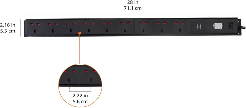 Amazon Basics Heavy-Duty Metal Surge Protector Power Strip, 9 Outlets (UK Plug), 600 J, 1.8 m Cord, Black, Rectangle