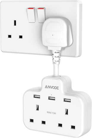Double Plug Adaptor with USB, 2 Way Wall Adapter with Short Extension Lead, Multi Plug Socket Extender For Home Office (White)