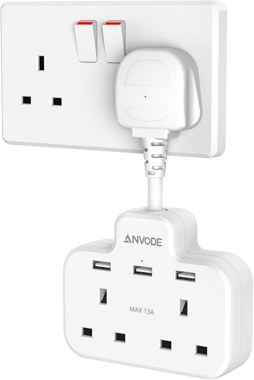 Double Plug Adaptor with USB, 2 Way Wall Adapter with Short Extension Lead, Multi Plug Socket Extender For Home Office (White)
