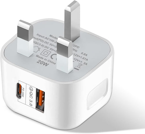 USB C Plug, 20W Power Adapter USB C Fast Charger UK iPhone Plug Dual Port USB+Type-C Charging Wall Plug Fast Charge for iPhone 15/15 Plus/15 Pro/15 Pro Max/14/13/12/11, iPad Pro/Air, Galaxy S24/S23