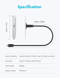 GRAUGEAR 20Gbps USB 3.2 Gen 2x2 USB-C Front Panel Adapter, Motherboard Header Extension Cable, USB-C Female to 20-pin USB Type-E A-Key Male Connector with PCIe Bracket, 19.6 in [G-AD-ETC-10G]