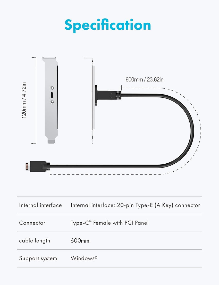 GRAUGEAR 20Gbps USB 3.2 Gen 2x2 USB-C Front Panel Adapter, Motherboard Header Extension Cable, USB-C Female to 20-pin USB Type-E A-Key Male Connector with PCIe Bracket, 19.6 in [G-AD-ETC-10G]
