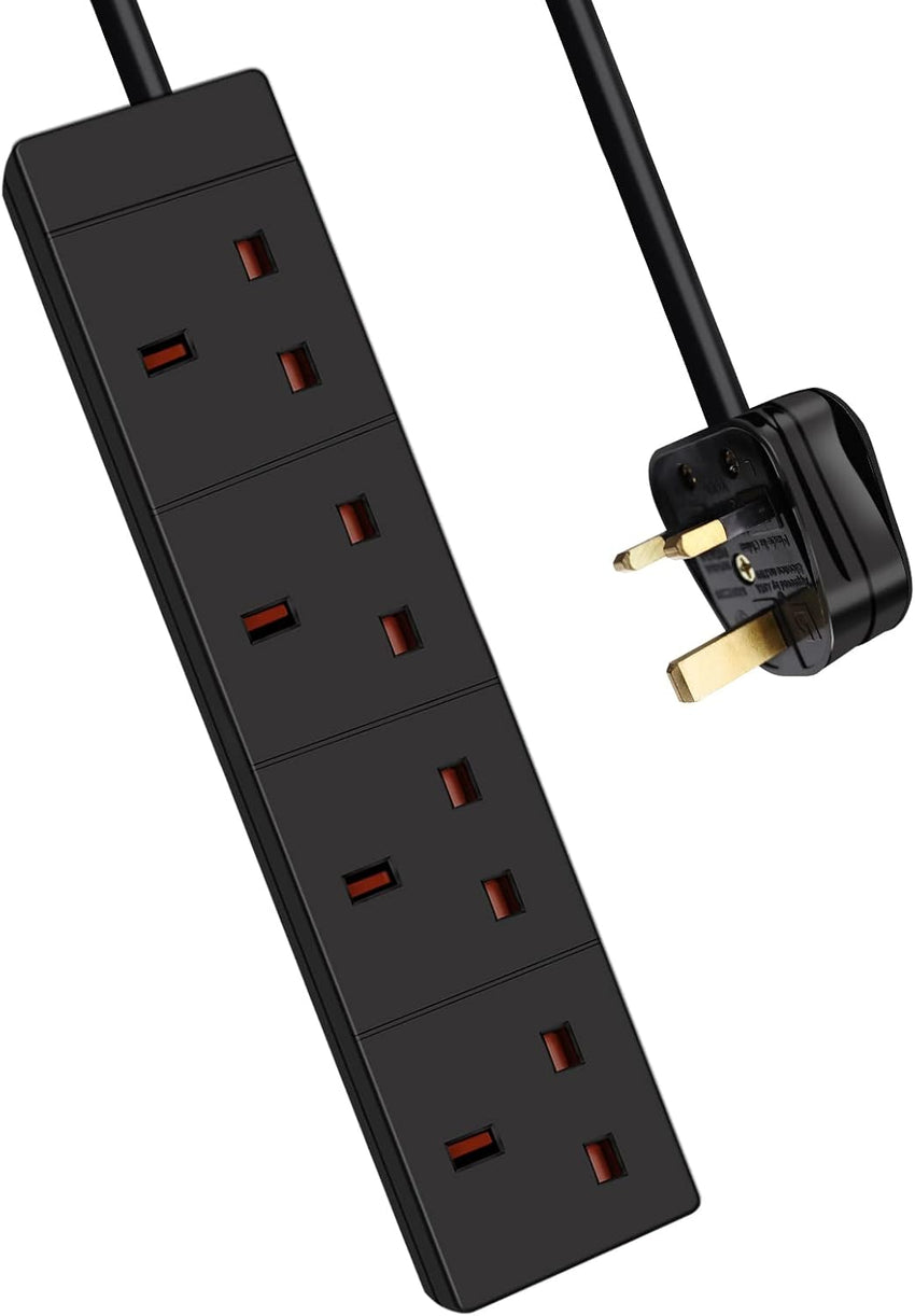 EXTRASTAR 4 Gang Extension Lead Black surge protected, 5M Extension Cable with 13A Fused UK Plug Max 3120W, 4 Plug extension for Home and Office