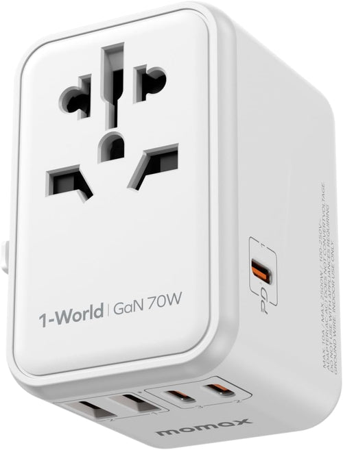 MOMAX Universal Travel Adapter,70W GaN Travel Plug Adapter with UK/EU/AU/US Plugs, 3USB-C PD & 2USB-A QC International Adapter Charger, White Gray