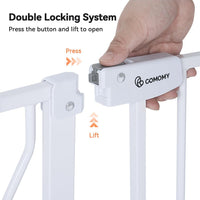 COMOMY 75-123cm Stair gate Pet Gate with Adjustable Cat Flap, Dog Gate for Stairs Doorways, Auto Close Baby Gate with Cat Door for House, Pressure Fit Easy Walk Through Safety Gate Extra Wide (White)