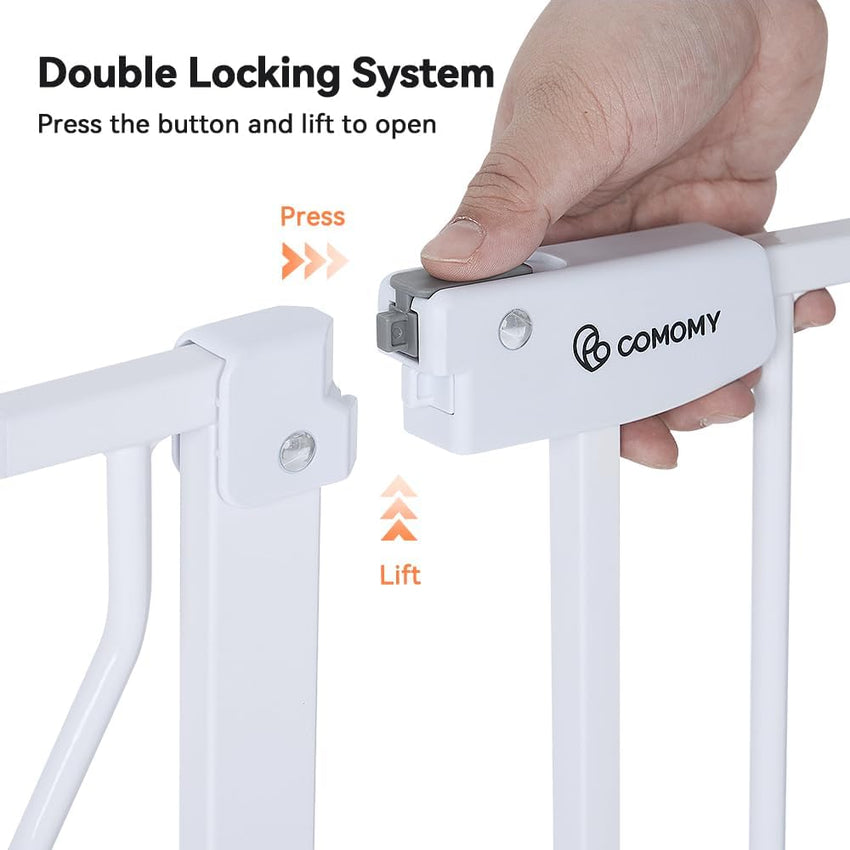 COMOMY 75-123cm Stair gate Pet Gate with Adjustable Cat Flap, Dog Gate for Stairs Doorways, Auto Close Baby Gate with Cat Door for House, Pressure Fit Easy Walk Through Safety Gate Extra Wide (White)