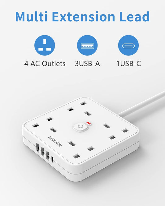 4M 4 Way Extension lead with USB Slots (3 USB-A, 1 USB-C), Mscien Extension Lead with Switches, White Wall Mountable Plug Extension Cord, Dorm, Home, Office