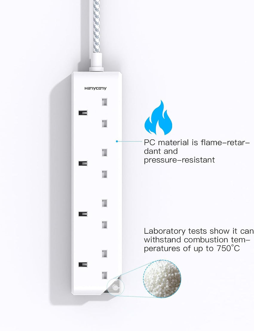 4 Gang Extension Lead 2M, HANYCONY Multi Plug Extension Socket with Braided Cable, 13A 3250W UK Power Strip, Durable Electric Extension Cord for Office, Bedroom, Kitchen Accessories, White