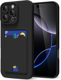 oakxco for iPhone 16 Pro Max Case with Card Holder, Cute Silicone Wallet Phone Case with Credit Card Slot, Soft Rubber Thin Slim Purse for Women Men with Shockproof Camera Cover Protection, Black