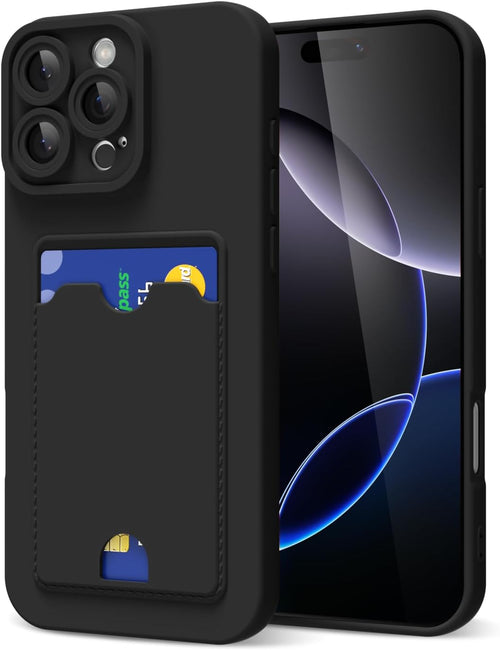 oakxco for iPhone 16 Pro Max Case with Card Holder, Cute Silicone Wallet Phone Case with Credit Card Slot, Soft Rubber Thin Slim Purse for Women Men with Shockproof Camera Cover Protection, Black