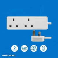 PRO ELEC 2-Gang Extension Lead | 500mm Cable | 13A | UK Plug | White - PELB1403
