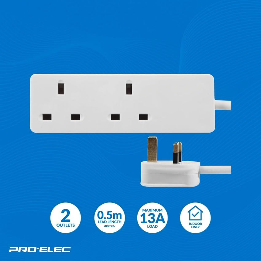 PRO ELEC 2-Gang Extension Lead | 500mm Cable | 13A | UK Plug | White - PELB1403