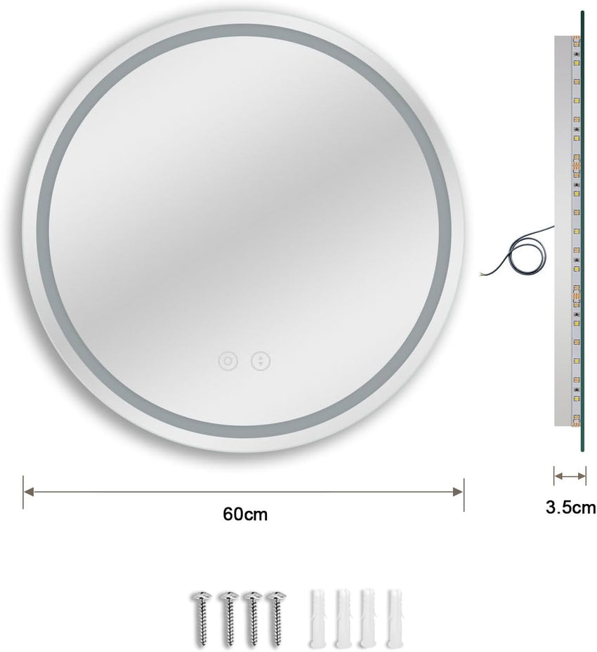 Dripex 600mm Round Bathroom Mirror with LED Light, Illuminated Wall Mounted Vanity Mirror with Demister, Anti-fog Large Circle Makeup Mirror, 3-Color Dimmable LED Light, IP44