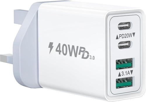 USB C Plug, 40W 4-Port USB-C Fast Charger Plug USBC Charger Dual Port PD + QC Wall Charger Plug Adaptor, Multi USB Plugs UK Type C Charging Plug for iPhone 16 15 14 13 12 11 Pro Max, iPad, Samsung
