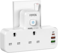 USB C Charger Plug Adapter UK, FDTEK Double Plug Extension Socket with Fast Charger, Multi USB Charging Station with Sensor Night Light, MultiPlug Extender Compatible for Kitchen, School Supplies