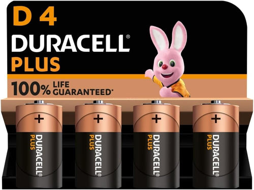 Duracell Plus D Batteries (4 Pack) - Alkaline 1.5V - 100% Life Guaranteed - Reliability For Everyday Devices - 0% Plastic Packaging - 10-Year Storage - LR20 MN1300