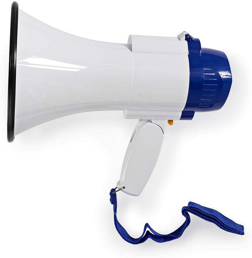 NEDIS 10W Megaphone, 250m Range with Built-in Microphone, Siren, Adjustable Volume, Record Function - White & Blue