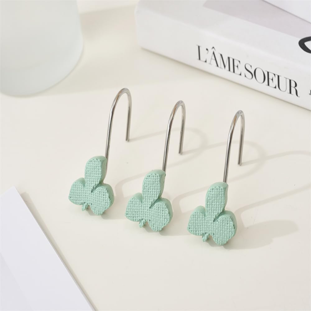 12Pcs Shower Curtain Hooks Green Leaves Decorative Rings â Multi