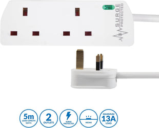 PRO ELEC PELB1950 2 Gang Surge Protected Extension Lead White, 5m
