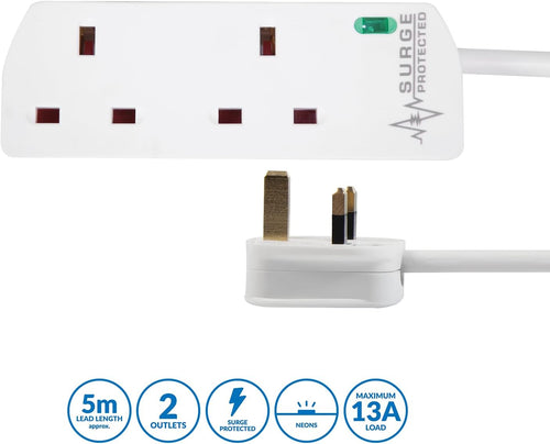 PRO ELEC PELB1950 2 Gang Surge Protected Extension Lead White, 5m