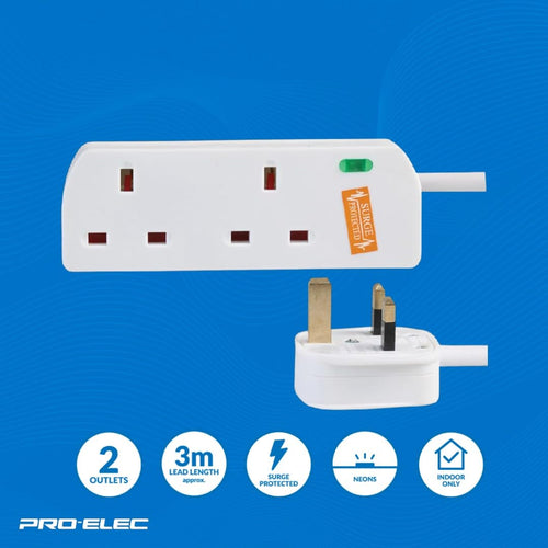 PRO ELEC PELB1949 2 Gang Surge Protected Extension Lead White, 3m