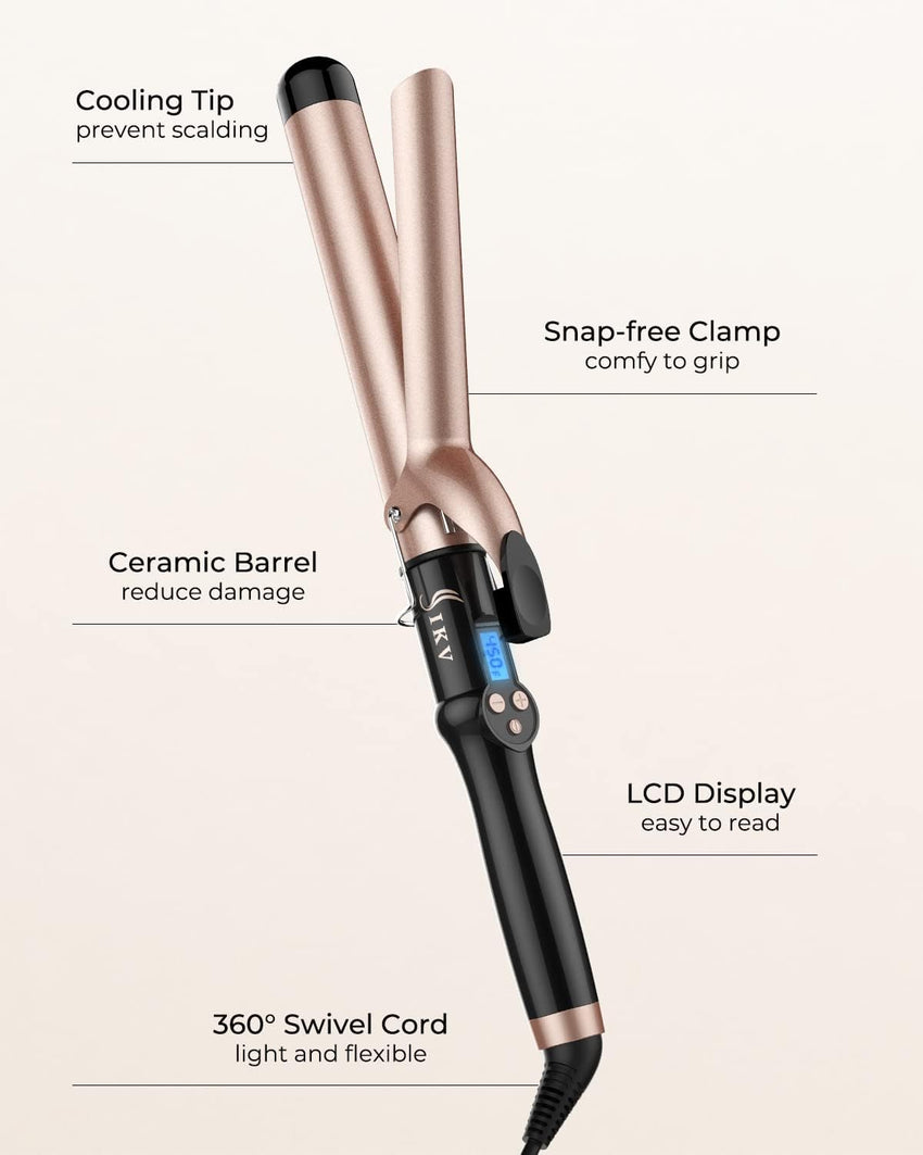 32mm Extra Long Barrel Curling Iron, Ceramic Tourmaline Curling Wand Professional Dual Voltage