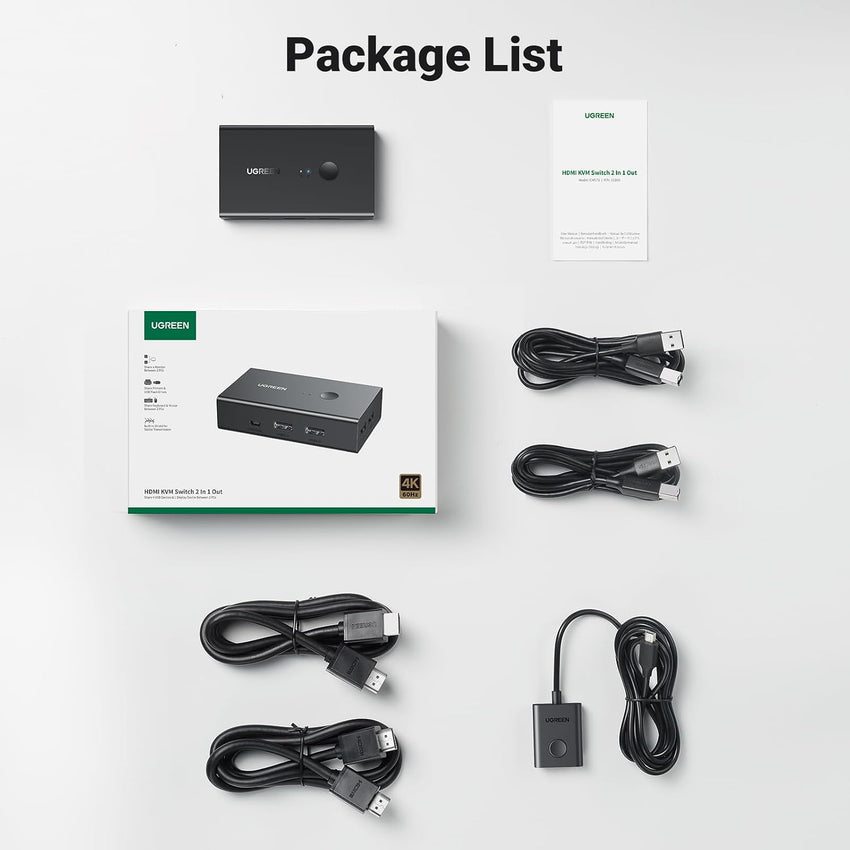UGREEN HDMI KVM Switch 2 PC 1 Monitor Support 4K@60Hz, 4 Port USB KVM Switches for 2 Computers Share Keyboard/Mouse/Hard Drives/Printer and 1 Monitor, KVM Switcher with 2 USB Cables and 2 HDMI Cable