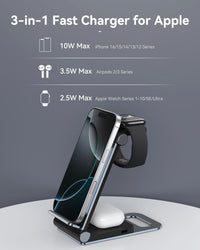 Wireless Charging Station 3 in 1 Foldable Wireless Charger Stand, Travel Charger for iPhone 16 15 14 13 12 11 Pro Max XR XS, for Apple Watch 10 9 8 7 6 5 4 3 2 SE, for AirPods 3 2 Pro Dark Black Grey