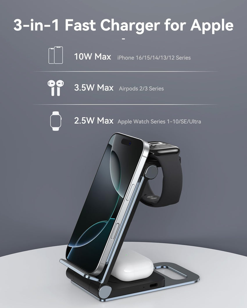 Wireless Charging Station 3 in 1 Foldable Wireless Charger Stand, Travel Charger for iPhone 16 15 14 13 12 11 Pro Max XR XS, for Apple Watch 10 9 8 7 6 5 4 3 2 SE, for AirPods 3 2 Pro Dark Black Grey