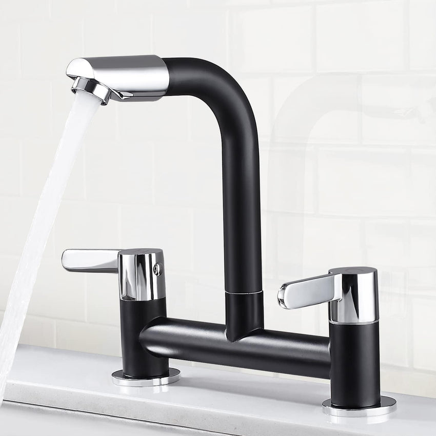 Kitchen Mixer Tap Dual Lever 360Â° Aerator Swivel Monobloc 2-Hole G1/2 Hose â Black 180mm