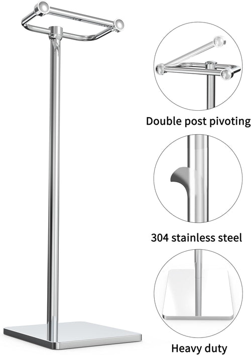 WZRUA Toilet Roll Holder Free Standing, Chrome SUS304 Stainless Steel Toilet Roll Holder Stand, Double Pivoting Post Freestanding Toilet Roll Holder Rust-Proof