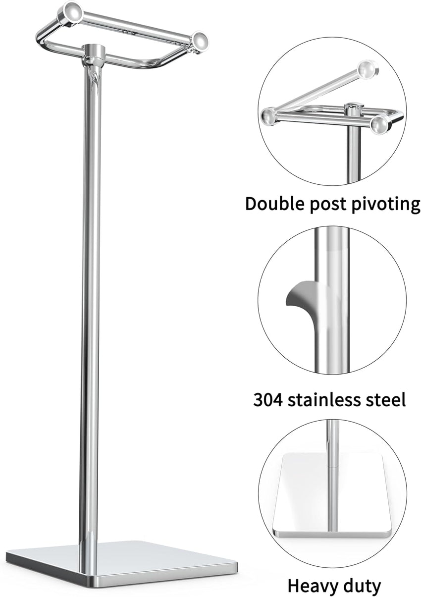 WZRUA Toilet Roll Holder Free Standing, Chrome SUS304 Stainless Steel Toilet Roll Holder Stand, Double Pivoting Post Freestanding Toilet Roll Holder Rust-Proof