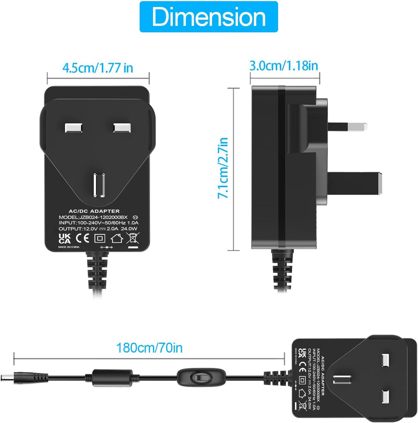 12V Power Cord for Audio Technica Turntable | for Audio-Technica AT-LP60X AT-LP60X-BK AT-LP60X-BW AT-LP60XBT-RD AT-LP120XUSB-BK Direct-Drive Turntable Record Player