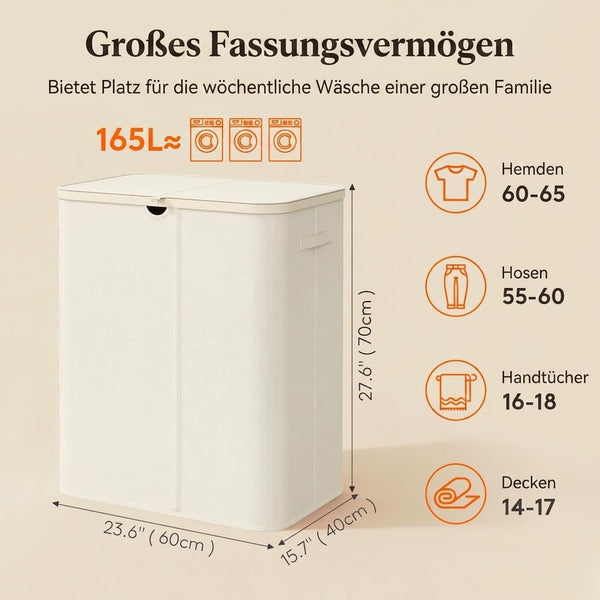 Lifewit 165L 3-Section Laundry Basket with Lid White