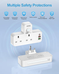 USB C Charger Plug Adapter UK, FDTEK Double Plug Extension Socket with Fast Charger, Multi USB Charging Station with Sensor Night Light, MultiPlug Extender Compatible for Kitchen, School Supplies