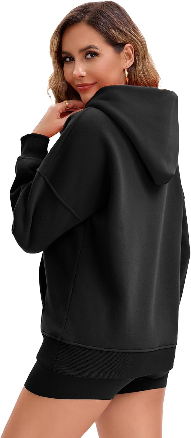 Women's Oversized Thermal Fleece Hoodie Pullover with Pockets Black XL