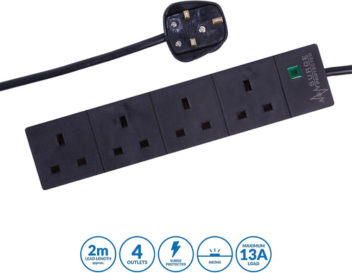 pro elec 2 m 4 Socket Surge Protected Extension Lead with Neon On Light - Black