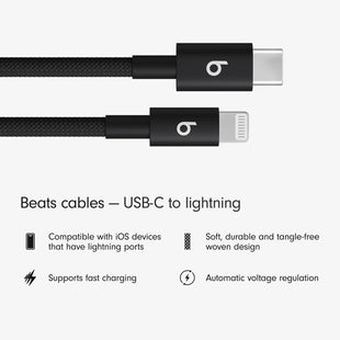 Beats USB-C to Lightning Woven Cable, Fast Charging, Durable/Tangle-Free, Compatible Charger for Apple Devices w Lightning Ports (1.5 m) - Bolt Black