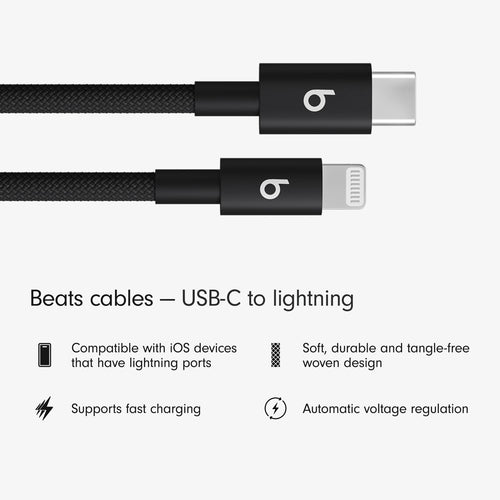 Beats USB-C to Lightning Woven Cable, Fast Charging, Durable/Tangle-Free, Compatible Charger for Apple Devices w Lightning Ports (1.5 m) - Bolt Black